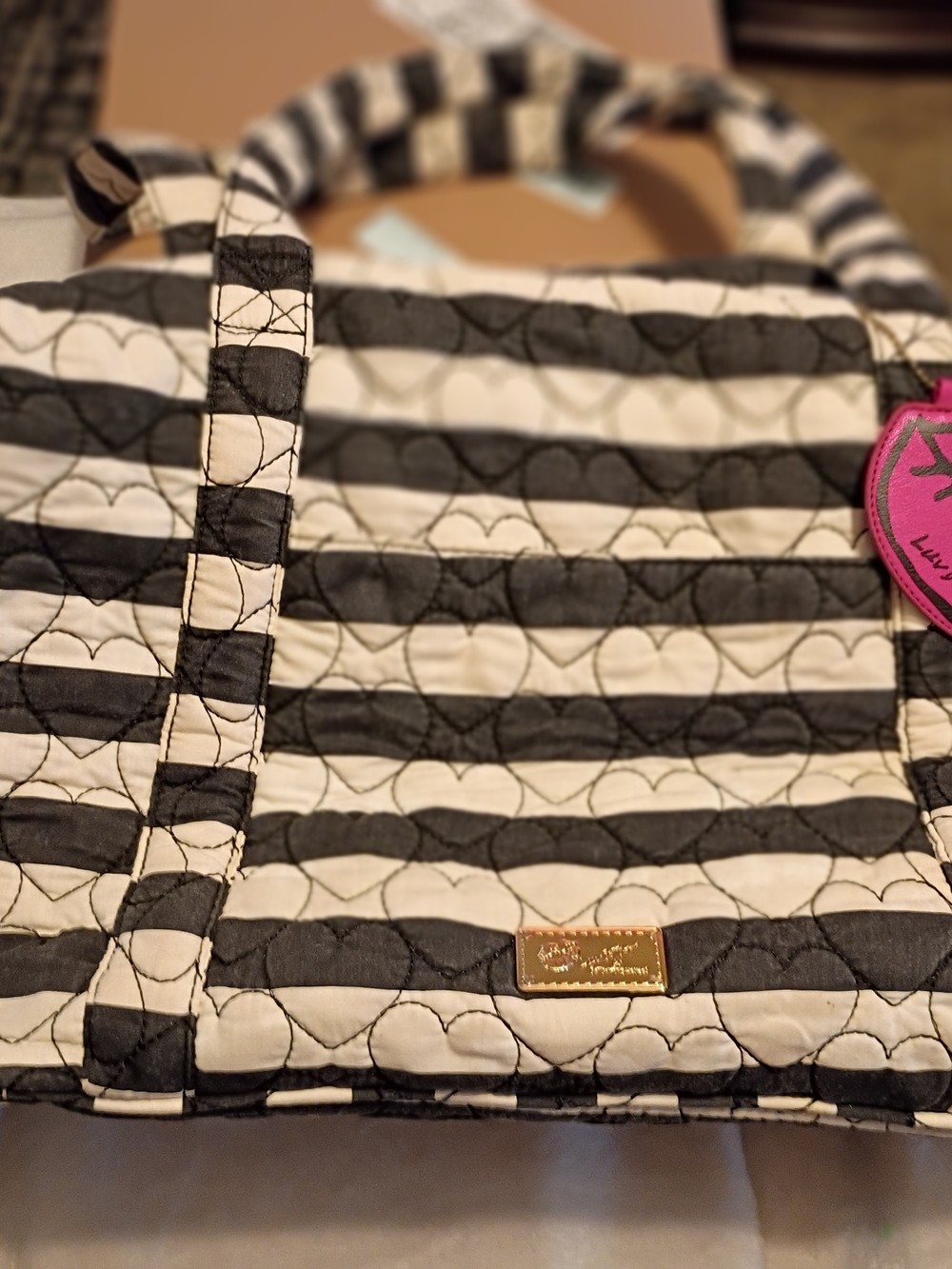 Luv Betsey By Betsey Johnson Black and White Striped Quilted Weekender